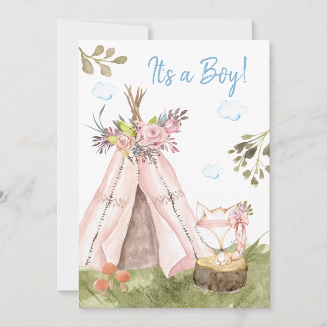 *~* Fox Teepee Tent Boho Woodland Forest Boy Einladung (Vorderseite)