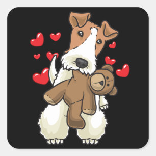 Fox Terrier Drahthaar Hund mit ausgestopfter Tier Quadratischer Aufkleber