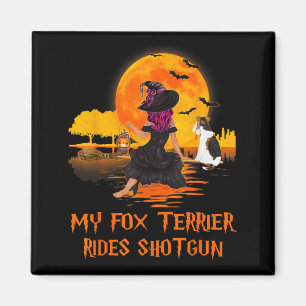 Fox Terrier fährt Shotgun Hund und Hexe Halloween Magnet