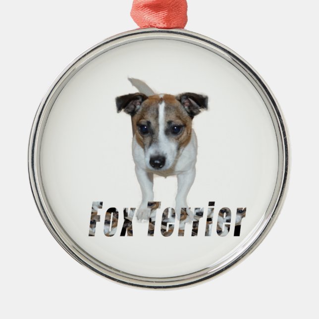 Fox Terrier mit Logo, Metall-Ornament. Silbernes Ornament (Vorne)