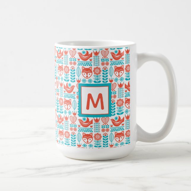 Fox- u. Vogel-Volkskunst-Muster des Monogramm-| Kaffeetasse (Rechts)