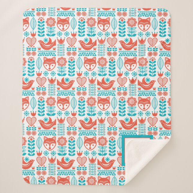 Fox- u. Vogel-Volkskunst-Muster des Monogramm-| Sherpadecke (Vorderseite)