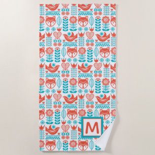 Fox- u. Vogel-Volkskunst-Muster des Monogramm- Strandtuch