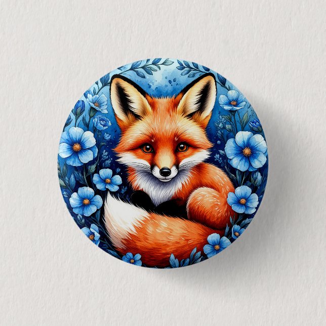 Fox umgeben von Blumen Button (Vorderseite)