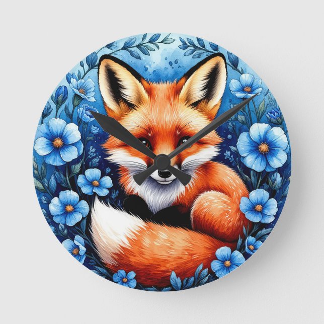 Fox umgeben von Blumen Runde Wanduhr (Vorderseite)