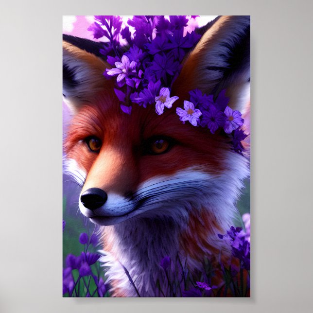 Fox umgeben von violetten Blumenplakaten Poster (Vorne)