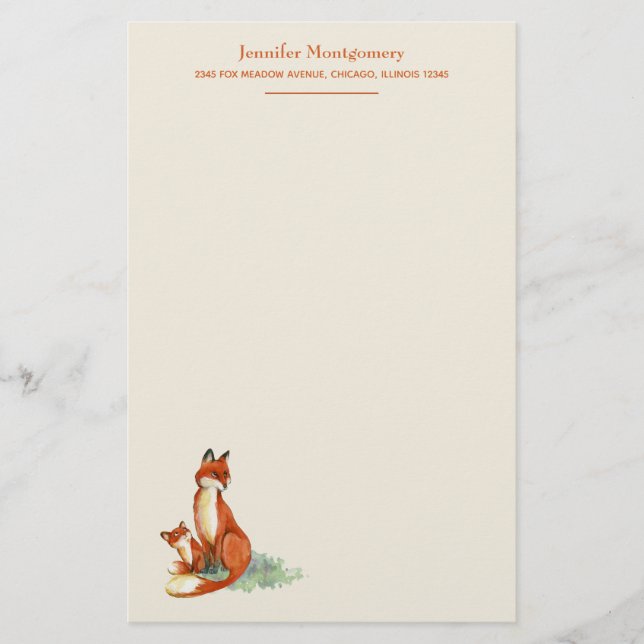 Fox- und Baby-Aquarell-Illustration Personalisiert Briefpapier (Vorderseite)