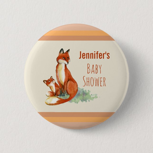 Fox und Baby Watercolor Zeichnend Babydusche Button (Vorderseite)
