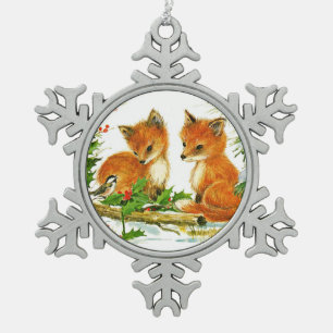 Fox und Bird genießen Weihnachtsschnee Schneeflocken Zinn-Ornament