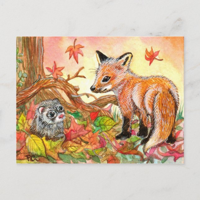 Fox und Ferret im Herbst Postkarte (Vorderseite)