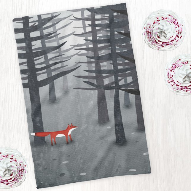 Fox und Forest Geschirrtuch (Fox and forest woodland landscape art kitchen tea towel)