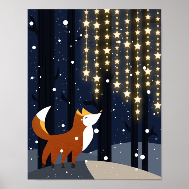 Fox und Saiten Sternlichter im verschneiten Wald Poster (Vorne)