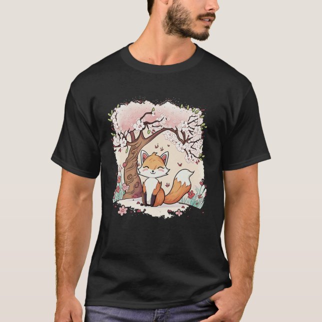 Fox Vaporwave Under Cherry Blossom Japanese Aesthe T-Shirt (Vorderseite)