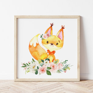 Fox, Waldtiere, Boho, rosa Blume Poster