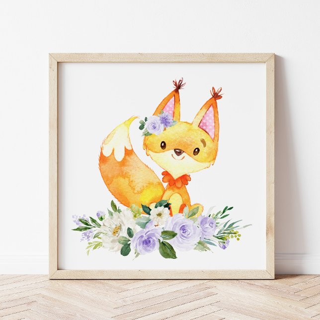 Fox, Waldtiere, Boho, violette Blumen Fotodruck (Von Creator hochgeladen)