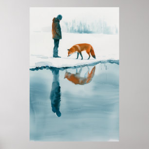 Fox Walking Beside Snow River - Natureposter Poster