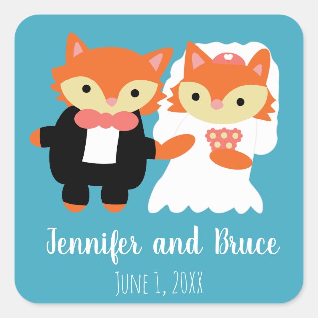 Fox Wedding Niedlich Blue Personalize Quadratischer Aufkleber (Vorderseite)