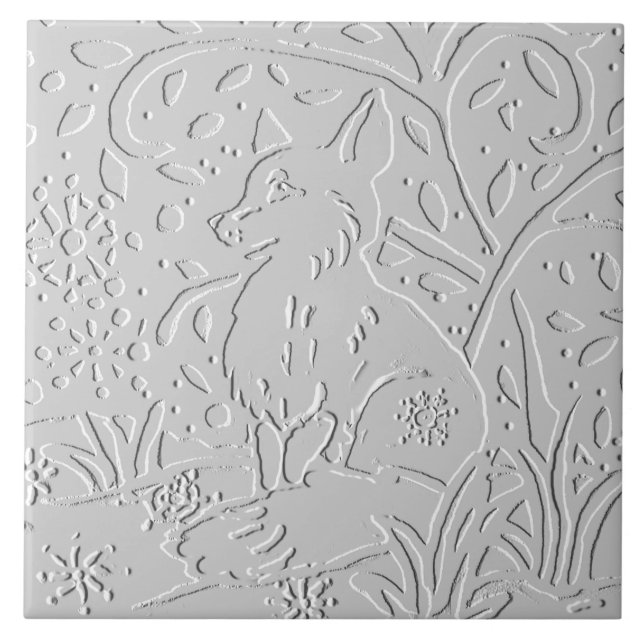 Fox White Gray Black Embossed Woodland Snowflakes Fliese (Vorderseite)