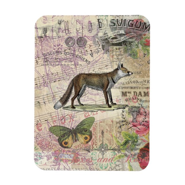 Fox Wildlife Collage Vintag Illustration Magnet (Vertikal)