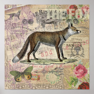 Fox Wildlife Collage Vintag Illustration Poster