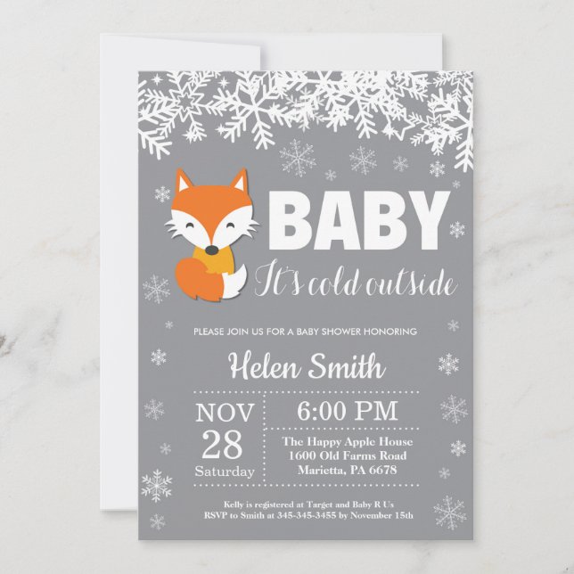Fox Winter Baby Shower Snowflake Einladung (Vorderseite)