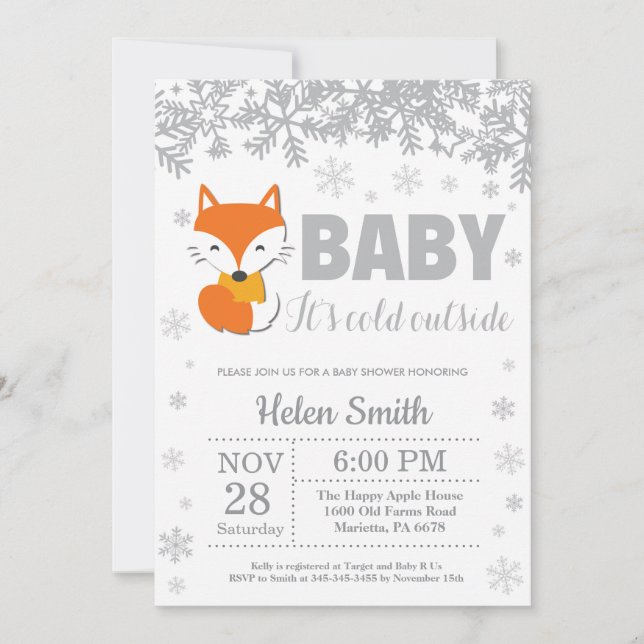 Fox Winter Baby Shower Snowflake Einladung (Vorderseite)