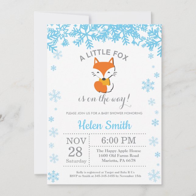 Fox Winter Blue Boy Baby Showflake Einladung (Vorderseite)