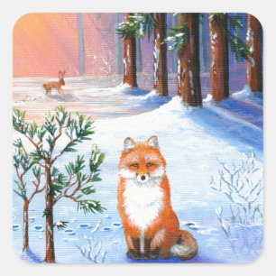 Fox Winter Cartoon Creationarts Quadratischer Aufkleber