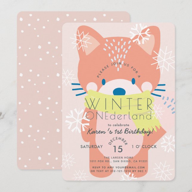 Fox Winter Onederland Pink 1. Geburtstag Einladung (Vorne/Hinten)
