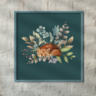 Fox With Flowers Cute Woodland Animal Art Painting Poster
