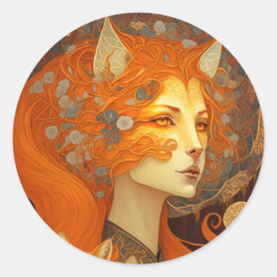 Fox Woman Fantasy Art Runder Aufkleber