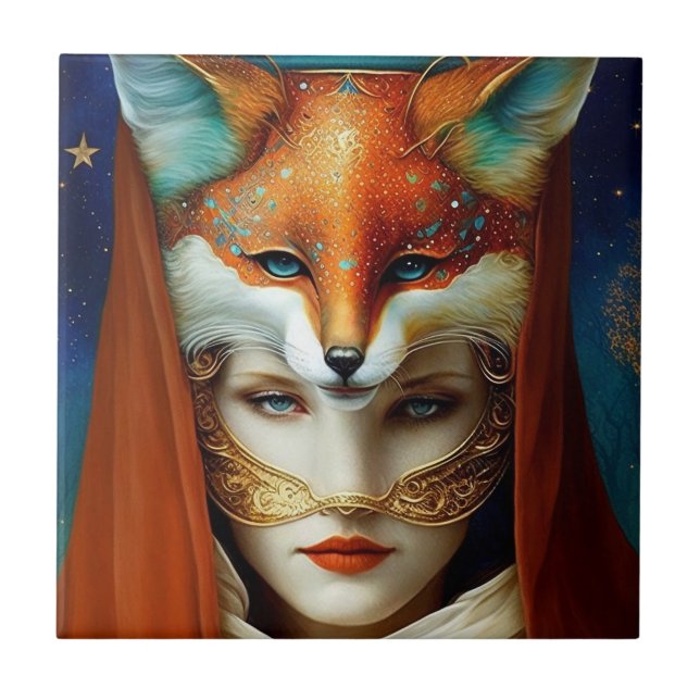 Fox Woman Surreal Fantasy Art Fliese (Vorderseite)