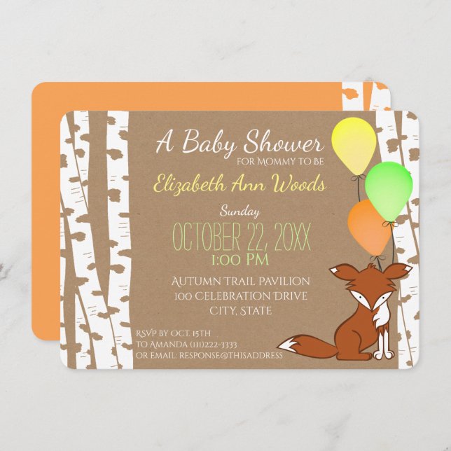 Fox Woodland Birch Tree Baby Dusche Einladung (Vorne/Hinten)