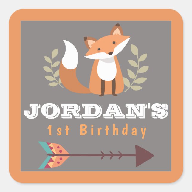 Fox Woodland Critters Forest Boho Bohemisch BOYS Quadratischer Aufkleber (Vorderseite)