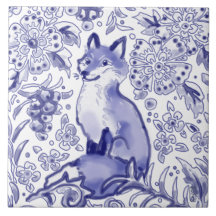 Fox Woodland Floral Blue Folk Nordic Zeichnend 