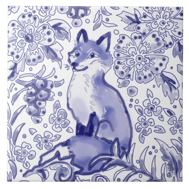 Fox Woodland Floral Blue Folk Nordic Zeichnend  Fliese (Vorderseite)