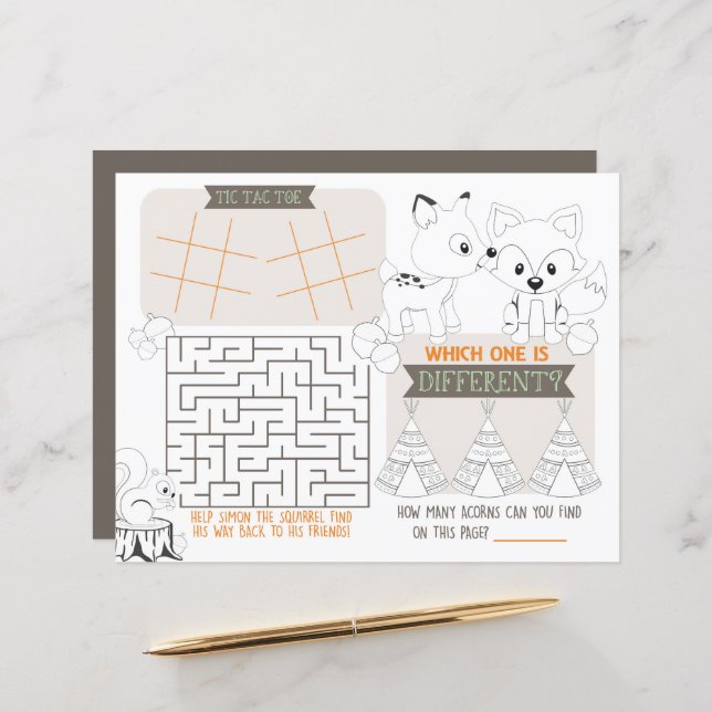 Fox Woodland Kids Tischset Activity Game Sheet (Vorderseite/Rückseite Beispiel)