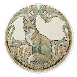 Fox Woodland Sage Green & Gold Art Deco Nouveau Keramikknauf