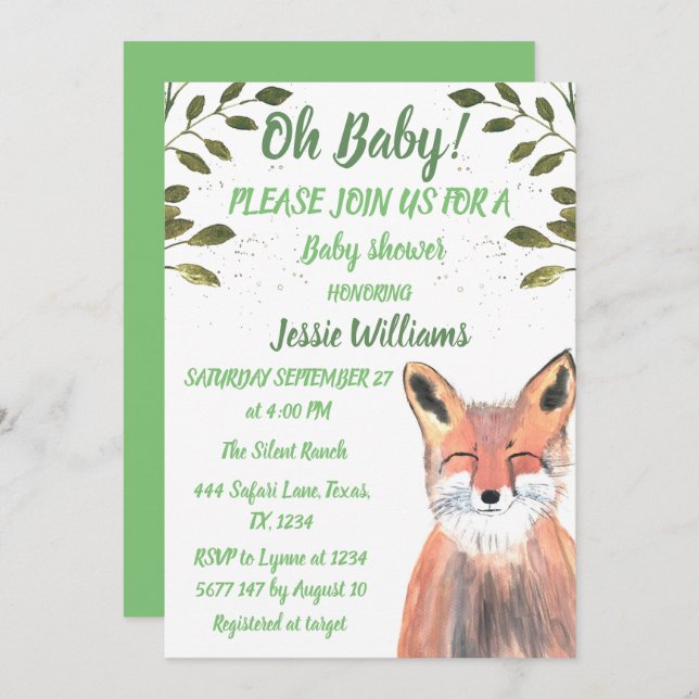 Fox Woodland Tiere Grüne Rustikale Kinderdusche Einladung (Vorne/Hinten)