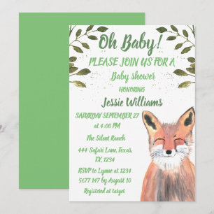 Fox Woodland Tiere Grüne Rustikale Kinderdusche Einladung