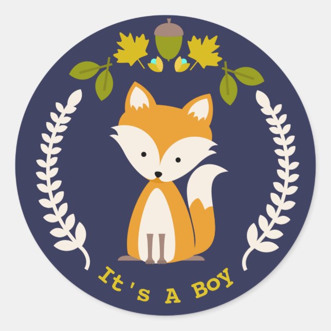 Fox Wreath Boy Baby Shower Runder Aufkleber (Vorderseite)