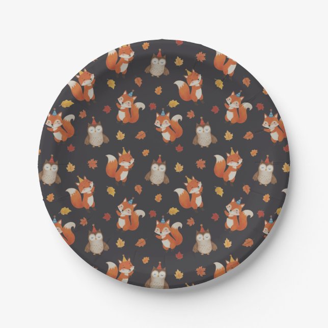 Foxes and Owl Woodland Fall Kids Birthday Party Pappteller (Vorderseite)