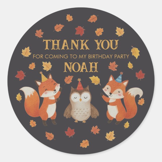 Foxes and Owl Woodland Fall Kids Birthday Sticker (Vorderseite)