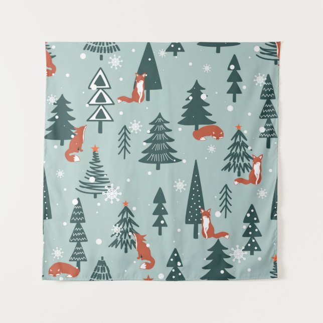 Foxes, fir-trees, snow, hand drawn. Colorful seaml Wandteppich (Vorderseite)