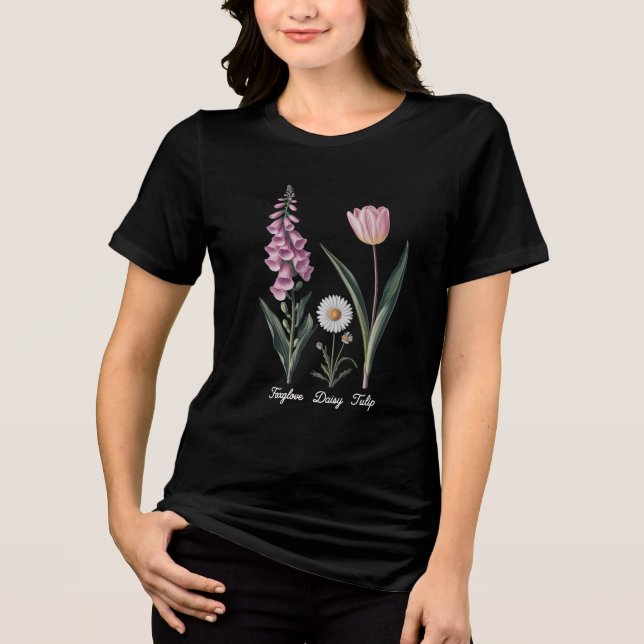 Foxglove Daisy Tulip Floral Illustration Tri-Blend Shirt (Vorderseite)