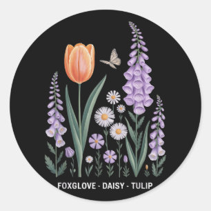 Foxglove Daisy Tulip Floral Natur Art Runder Aufkleber