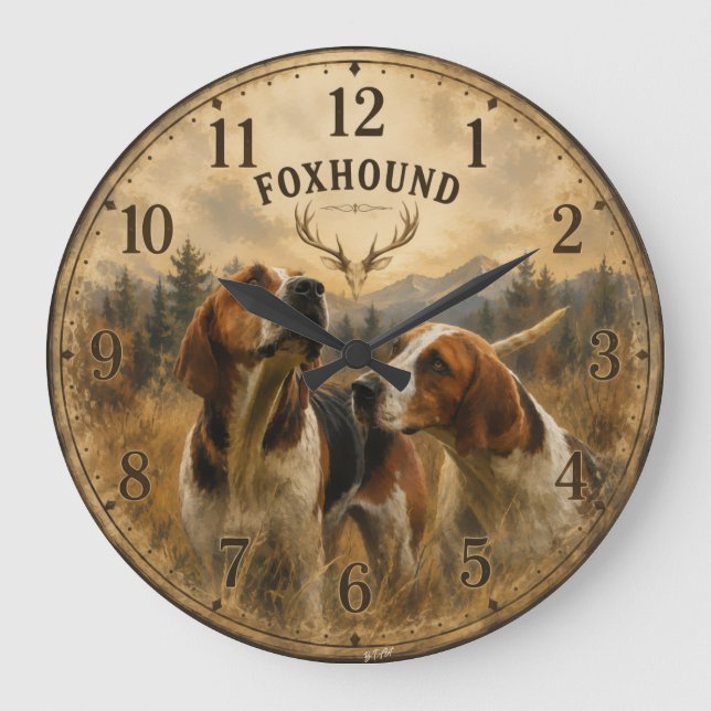 Foxhound-Porträt – Edler Jagdhund Große Wanduhr (Vorderseite)