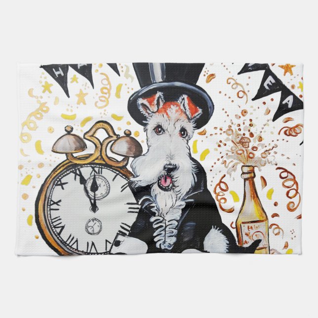 Foxterrier-guten Rutsch ins Neue Jahr Küchentuch (Horizontal)