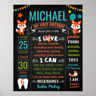 Foxy Fox Erstes Geburtstagsfeier-Chalkboard-Zeiche Poster
