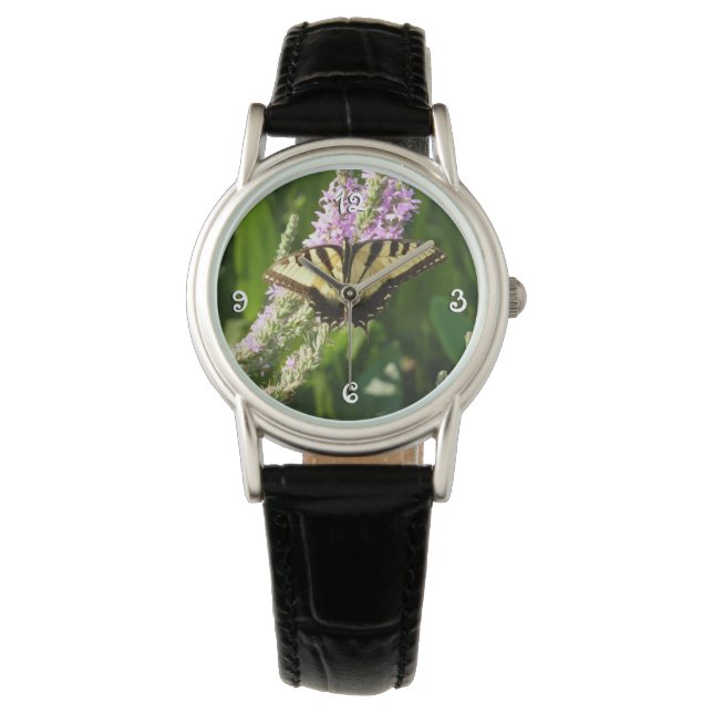Frack Butterfly auf Lila Wildblumen Armbanduhr (Vorderseite)